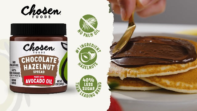 Chosen Foods Chocolate Hazelnut Spread - Made with 100% Pure Avocado Oil, Simple Ingredients, 40% Less Sugar, Vegan, Free of Palm Oil,12 oz - Pack of 2