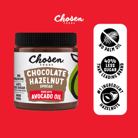 Chosen Foods Chocolate Hazelnut Spread - Made with 100% Pure Avocado Oil, Simple Ingredients, 40% Less Sugar, Vegan, Free of Palm Oil,12 oz - Pack of 2