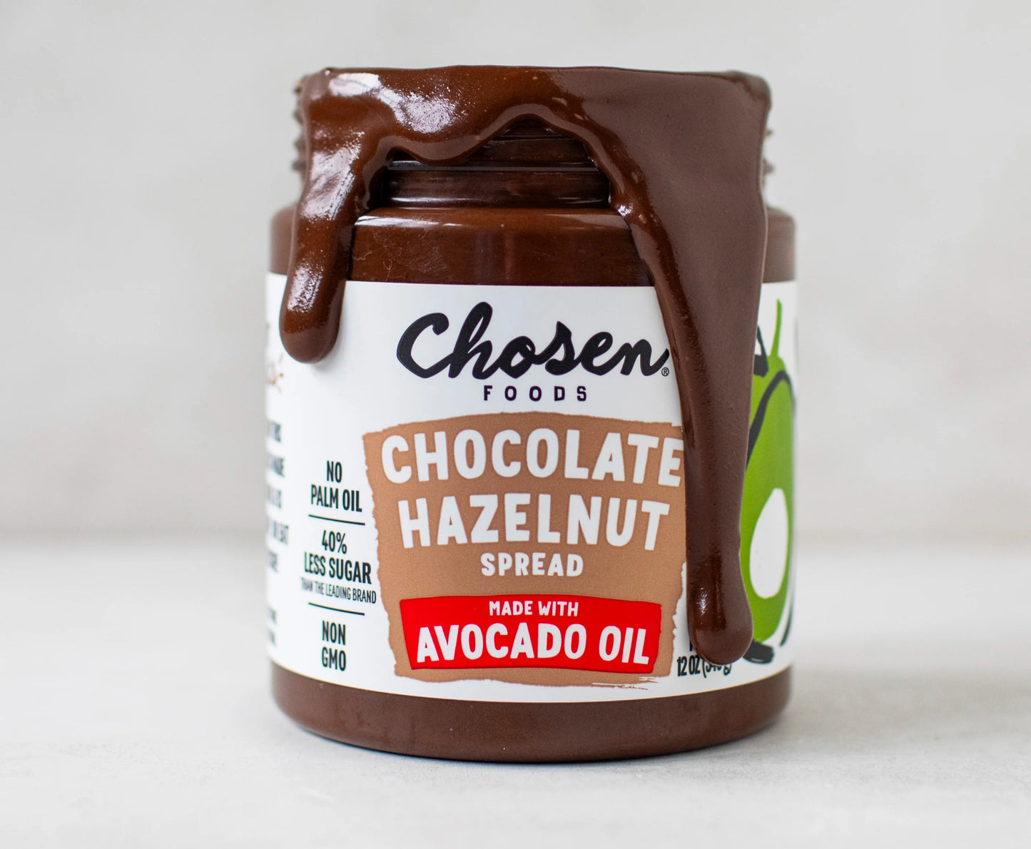 Chosen Foods Chocolate Hazelnut Spread - Made with 100% Pure Avocado Oil, Simple Ingredients, 40% Less Sugar, Vegan, Free of Palm Oil,12 oz - Pack of 2