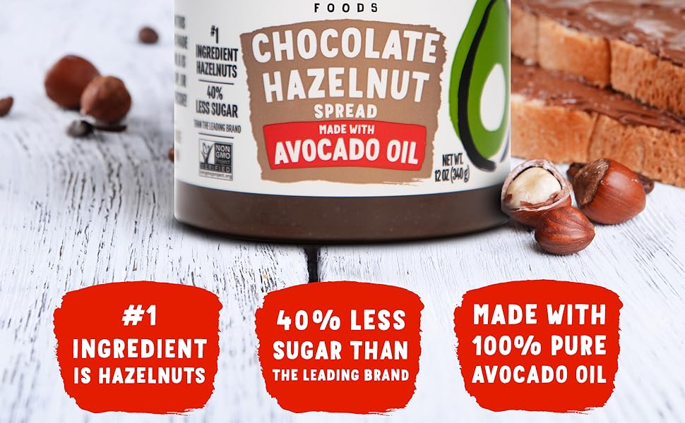 Chosen Foods Chocolate Hazelnut Spread - Made with 100% Pure Avocado Oil, Simple Ingredients, 40% Less Sugar, Vegan, Free of Palm Oil,12 oz - Pack of 2