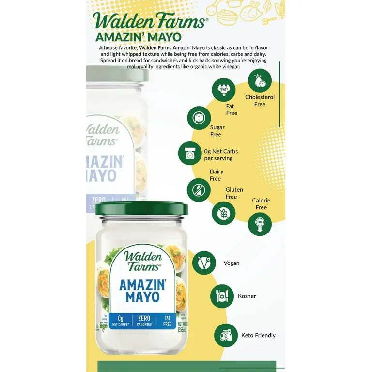 Walden Farms Amazin’ Mayo – Zero Calorie, Sugar Free, Keto & Fat Free Vegan Mayonnaise Alternative for Sandwiches, Salads & Spreads, – 12 oz Jars - Pack of 2