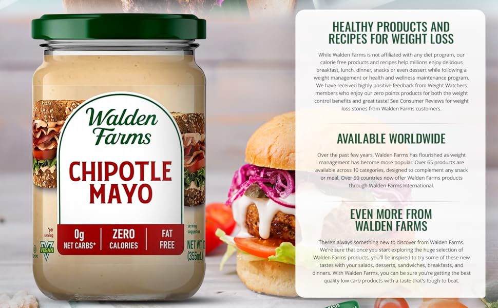 Walden Farms Chipotle Mayo – Zero Calorie, Sugar Free, Keto & Fat Free Spicy Vegan Mayonnaise Alternative for Sandwiches, Wraps & Dips, 12 oz Jars - Pack of 2