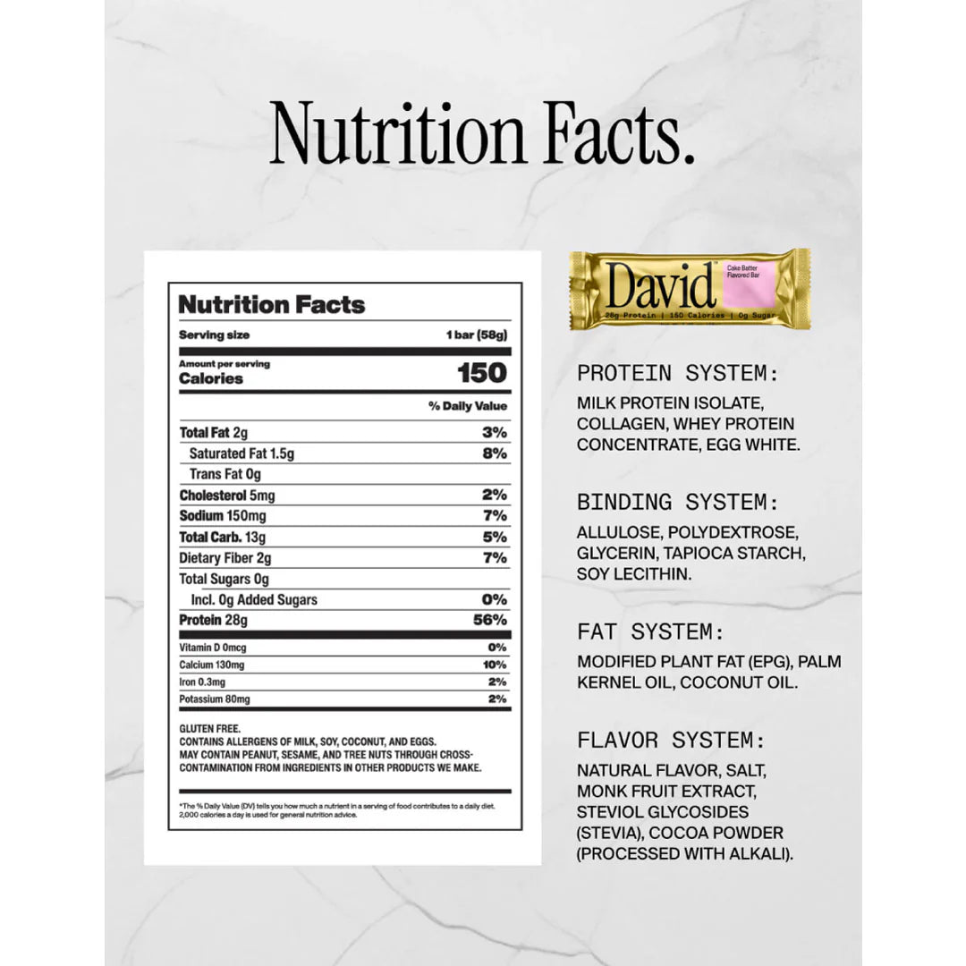David Protein Bar, David Favorites 28g of Protein | 150 Calories | 0g of Sugar - High Protein, Low Carb, Gluten Free, Pack of 60