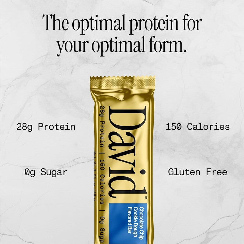 David Protein Bar, Chocolate Chip Cookie Dough and Peanut Butter Chocolate Chunk, 24 Protein Bars | 28g of Protein | 150 Calories | 0g of Sugar - High Protein, Low Carb, Gluten Free Protein Bar, Pack of 24