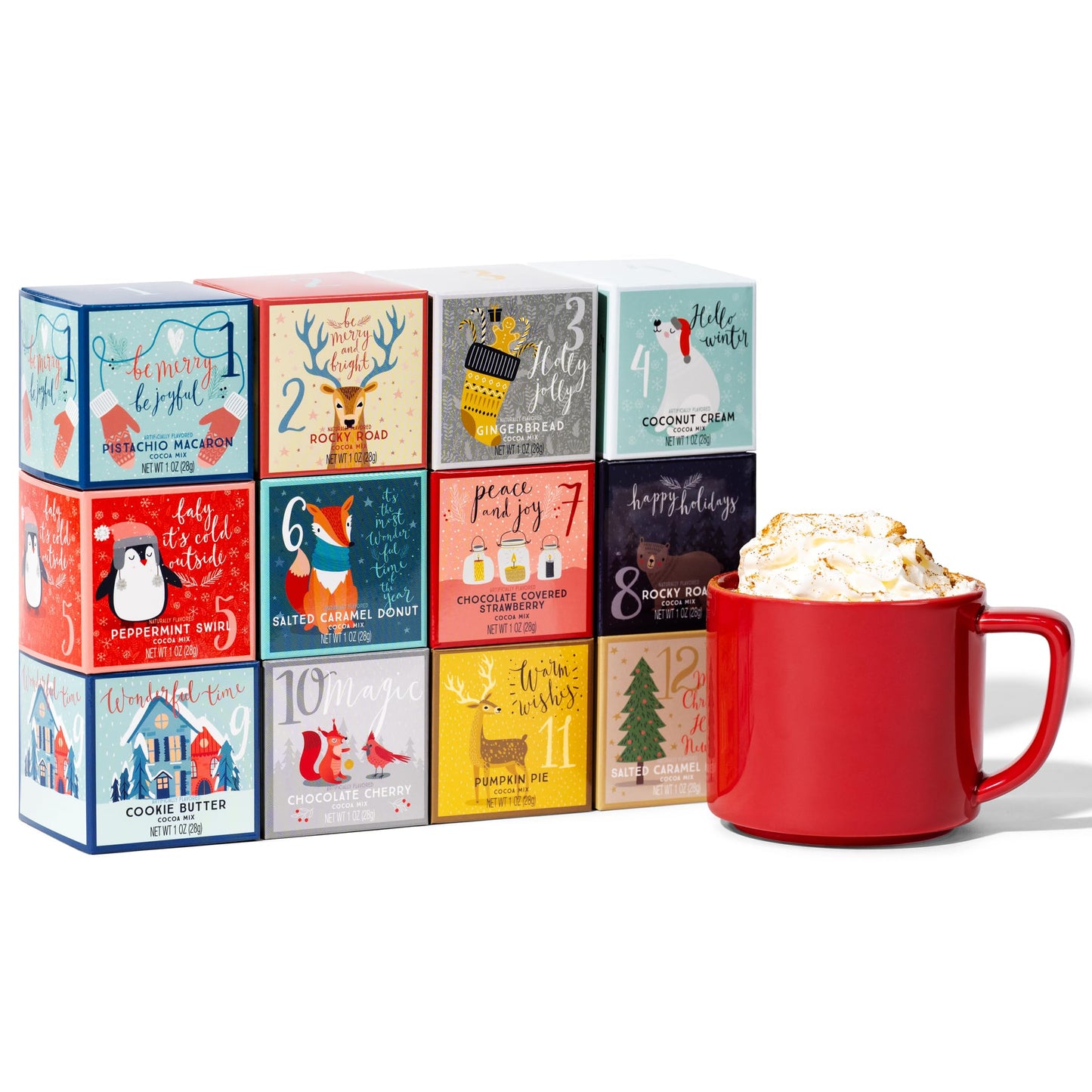 Gourmet 12 Days of Christmas Hot Chocolate Gift Set, Flavors Include Rocky Road, Cookies Butter, Pumpkin Pie & More, Set of 12
