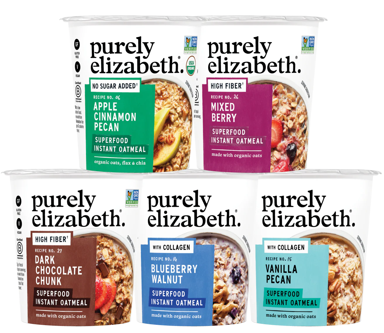 Purely Elizabeth Best Sellers Variety Pack Superfood Oatmeal Cups, Great for Overnight Oats, Gluten-Free, 2 oz - Pack of 12