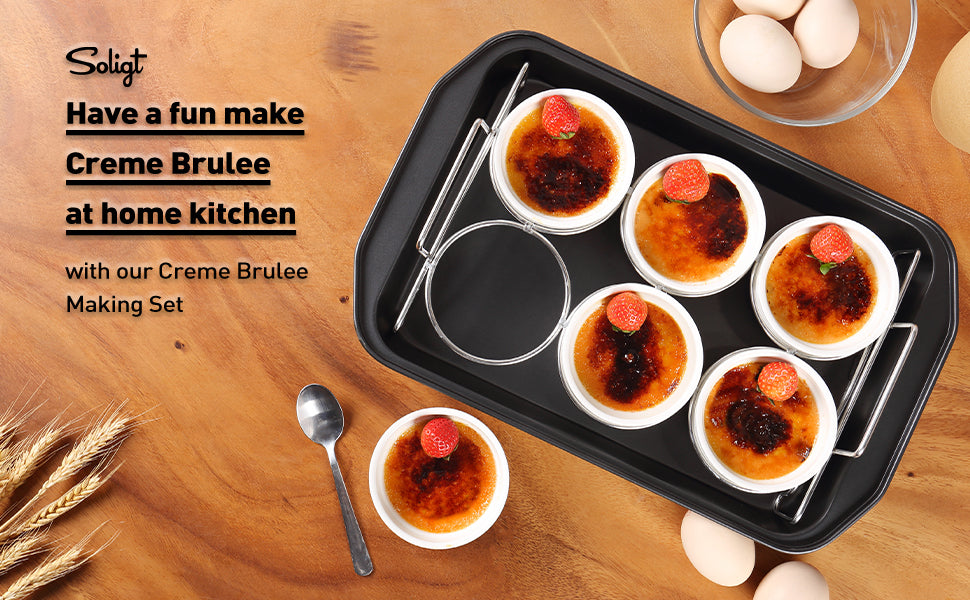 Creme Brulee Making Set - 6 Porcelain Ramekins 6 oz, 304 Stainless Steel Lifting Rack, 9" X 13" Bottom Pan