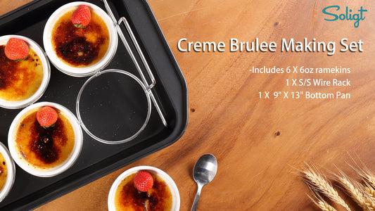 Creme Brulee Making Set - 6 Porcelain Ramekins 6 oz, 304 Stainless Steel Lifting Rack, 9" X 13" Bottom Pan