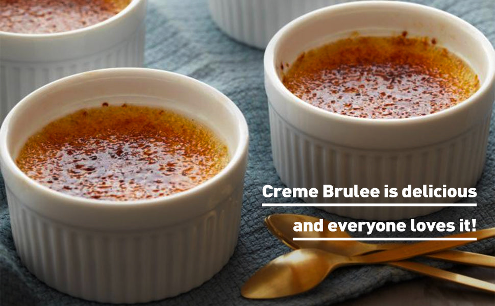 Creme Brulee Making Set - 6 Porcelain Ramekins 6 oz, 304 Stainless Steel Lifting Rack, 9" X 13" Bottom Pan