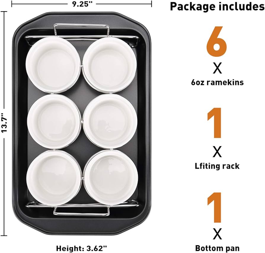 Creme Brulee Making Set - 6 Porcelain Ramekins 6 oz, 304 Stainless Steel Lifting Rack, 9" X 13" Bottom Pan