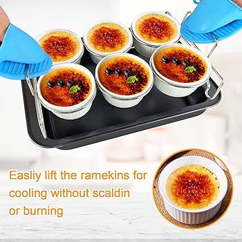 Creme Brulee Making Set - 6 Porcelain Ramekins 6 oz, 304 Stainless Steel Lifting Rack, 9" X 13" Bottom Pan