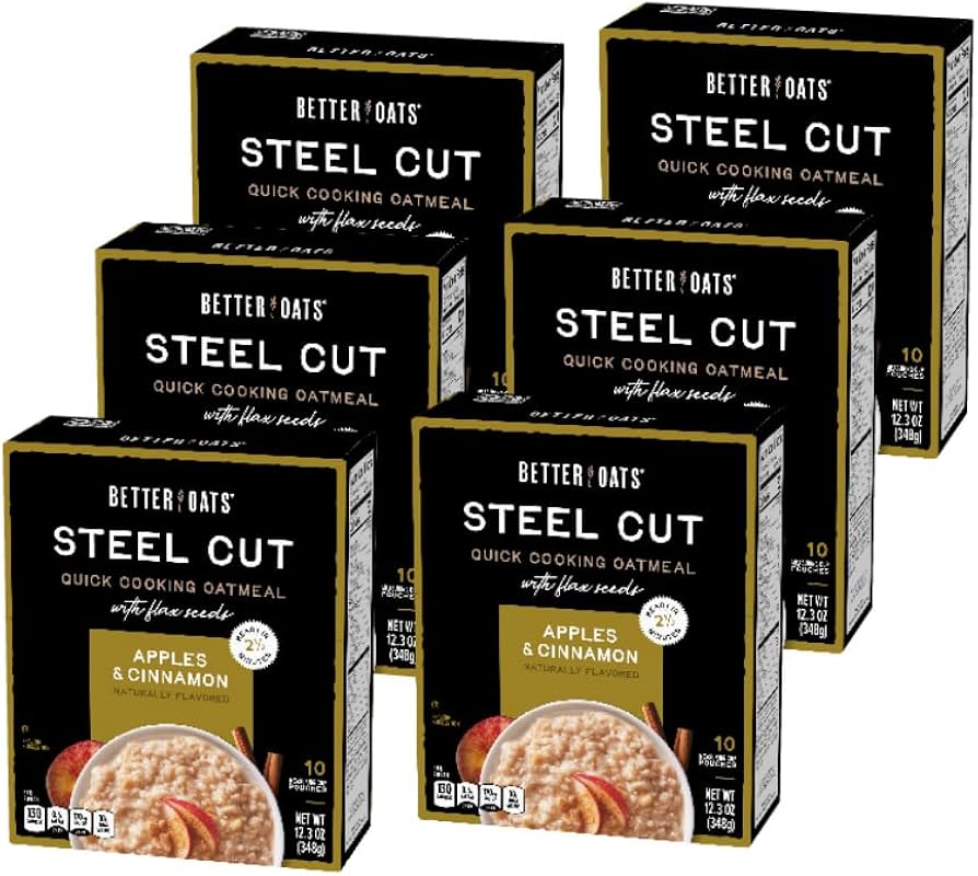 Better Oats Steel Cut Instant Oatmeal Packets, Apples and Cinnamon Flavor with Flax Seeds and Whole Grains - Pack of 6