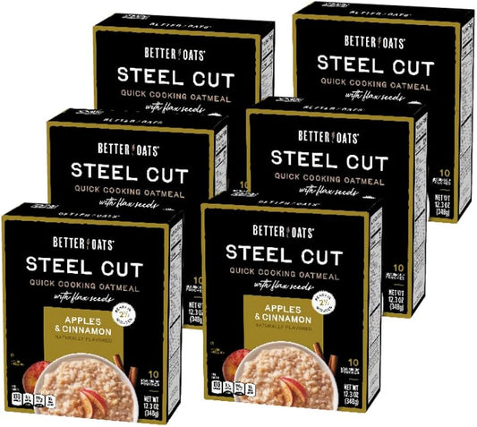 Better Oats Steel Cut Instant Oatmeal Packets, Apples and Cinnamon Flavor with Flax Seeds and Whole Grains - Pack of 6