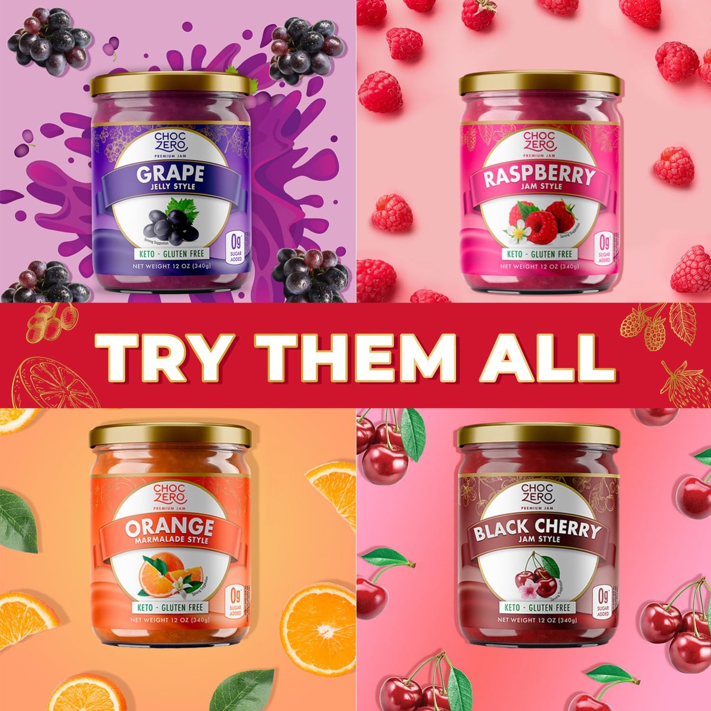 Keto Raspberry Jam Preserves by ChocZero - Sugar Free - Fruit Spread Concord Jelly with No Added Sugar - 12 oz