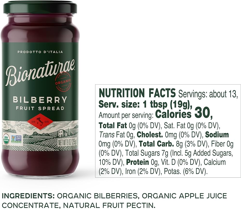 Bionaturae Organic Bilberry Fruit Spread -  No Sugar Added, No Preservatives