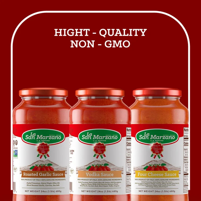 Three jars of La San Marzano sauce on a red background with text 'HIGHT - QUALITY NON - GMO'.
