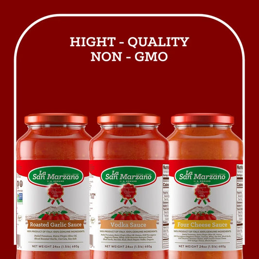 Three jars of La San Marzano sauce on a red background with text 'HIGHT - QUALITY NON - GMO'.