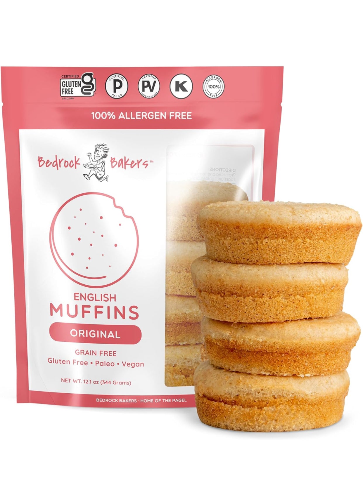 Bedrock Bakers Allergen Free English Muffins - Gluten-Free - 4 Count Bag Original -12 oz - Pack of 2