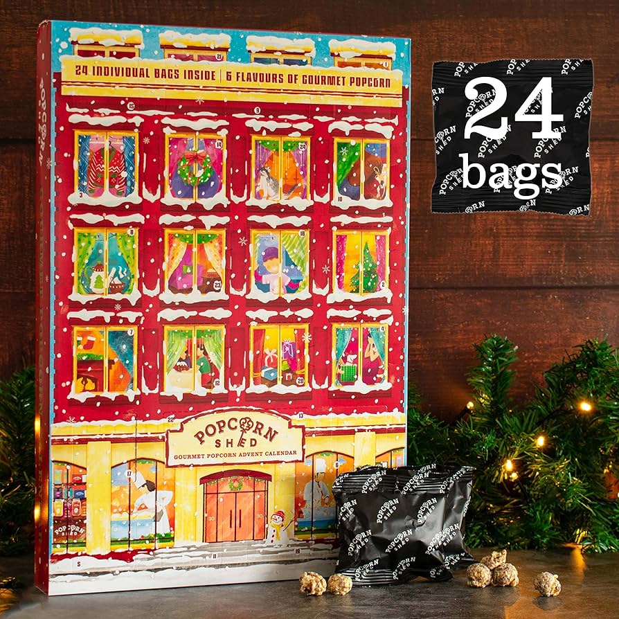 Gourmet Popcorn Christmas Advent Calendar 2025, 24 Days of Popcorn - 6 Luxury Flavors, All Natural and Vegetarian Foodie Gift