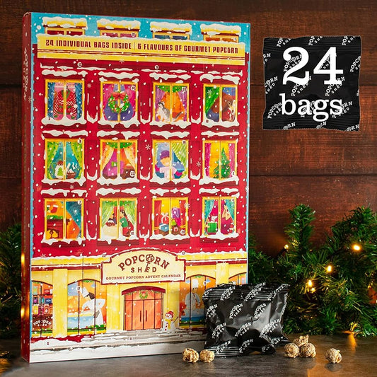 Gourmet Popcorn Christmas Advent Calendar 2025, 24 Days of Popcorn - 6 Luxury Flavors, All Natural and Vegetarian Foodie Gift