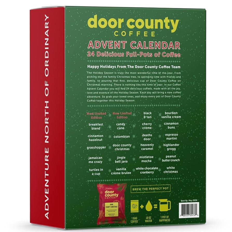 2025 Christmas Coffee Advent Calendar - 24 Full-Pot Bags of Flavored Ground Coffee, Door County