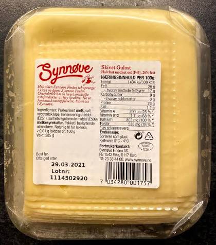 Synnøve Yellow Cheese Original Sliced - Gulost Original skivet 285g