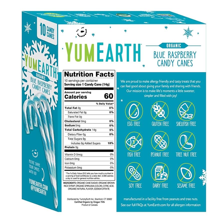 YumEarth Organic Candy Canes - Individually Wrapped Full Size Blue Raspberry Candy Canes - Dye Free, Allergy Friendly, Non GMO, Gluten Free, Vegan - Pack of 2