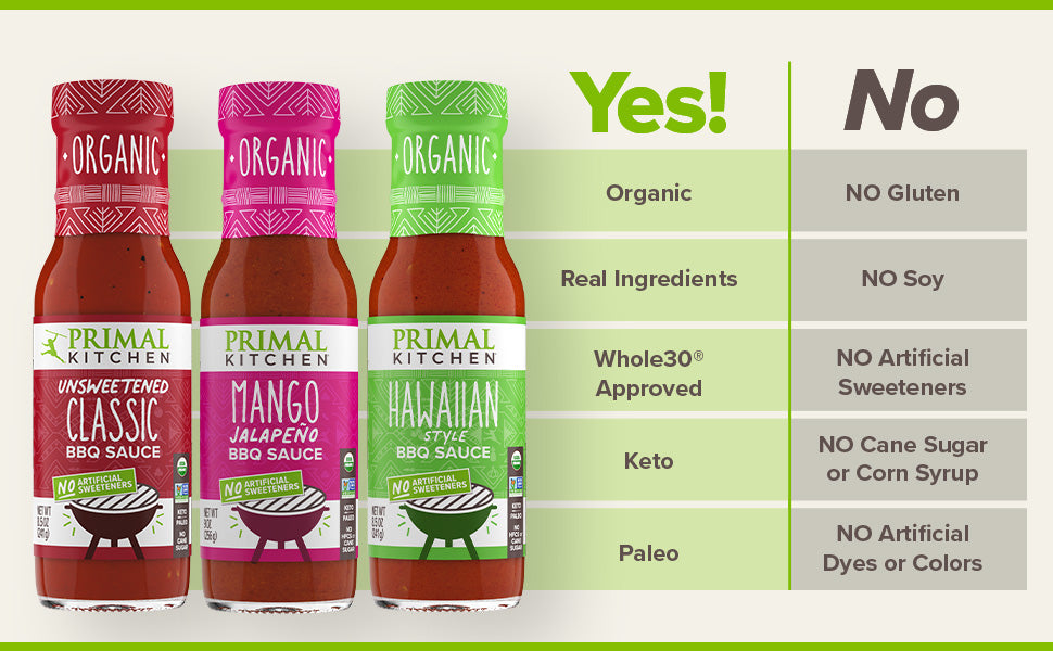 Three bottles of Primal Kitchen Organic BBQ Sauce shown alongside a green and white informational chart listing product features such as organic, real ingredients, whole30 approval, keto, and paleo.