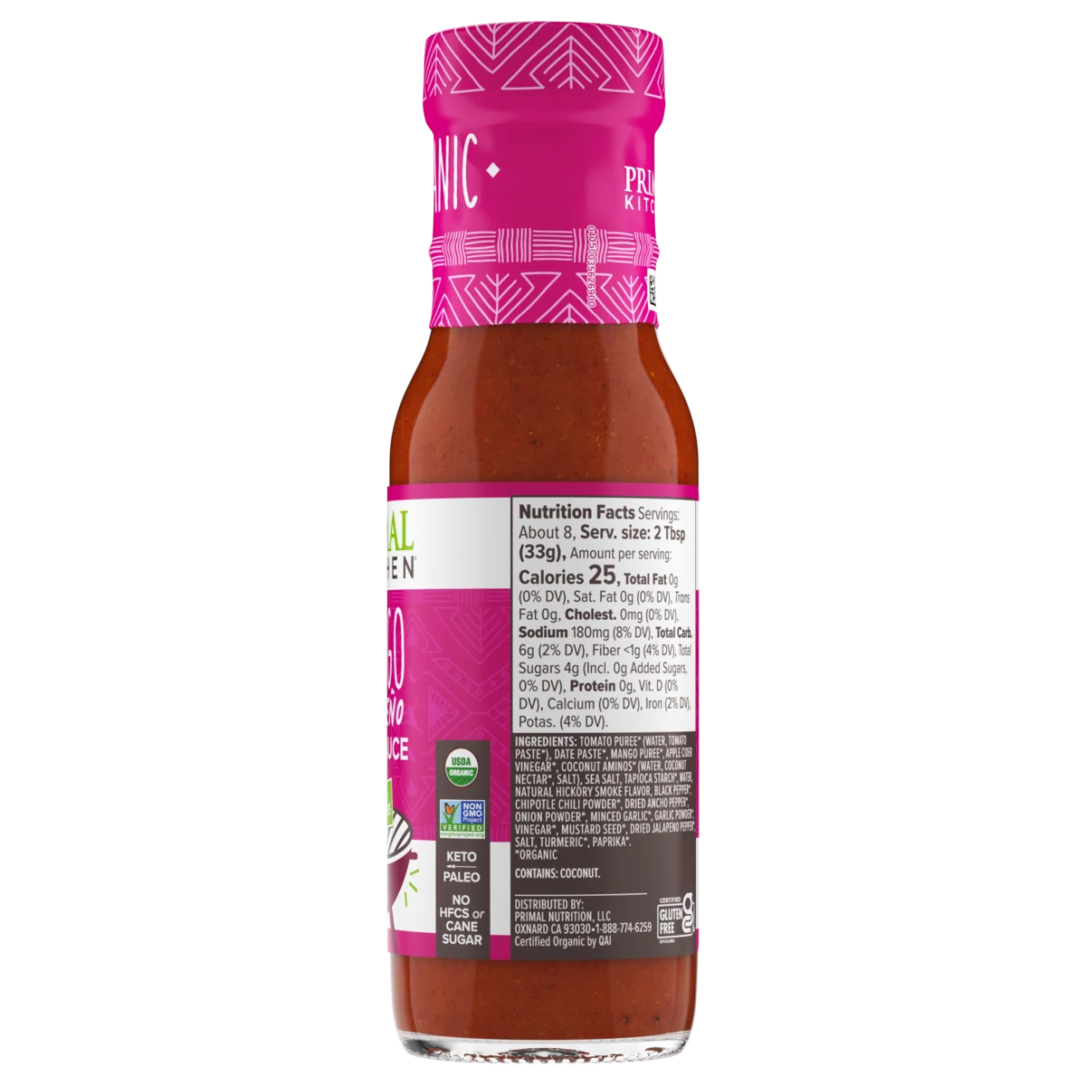 A bottle of Piquadro Organic Keto Drizzle Sauce with a bright pink cap and a white and dark label showing nutrition facts, on a plain white background.