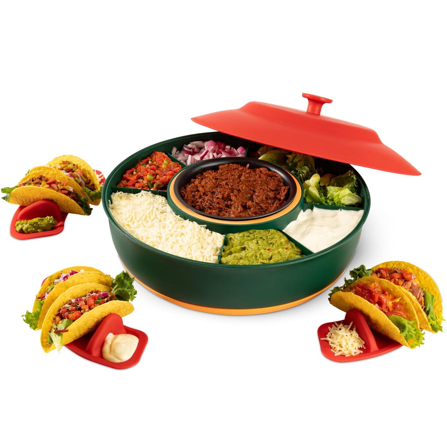 Taco Tuesday Kit - Taco Bar Serving Set for a Party - Heated Pot, 4 Taco Holders, & Detachable Lazy Susan Tray