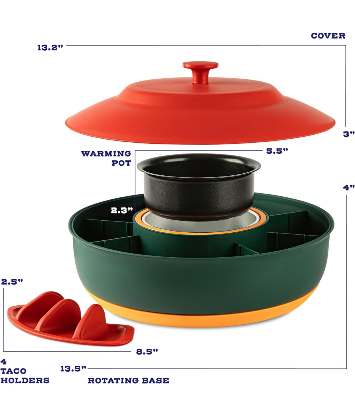 Taco Tuesday Kit - Taco Bar Serving Set for a Party - Heated Pot, 4 Taco Holders, & Detachable Lazy Susan Tray