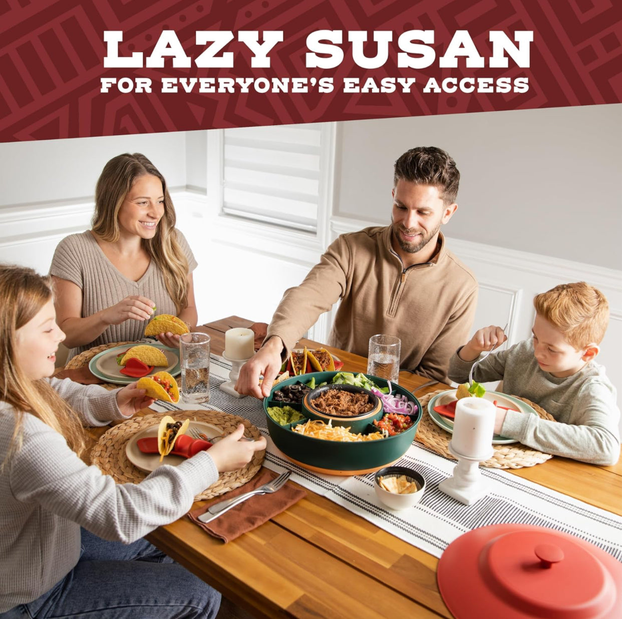 Taco Tuesday Kit - Taco Bar Serving Set for a Party - Heated Pot, 4 Taco Holders, & Detachable Lazy Susan Tray