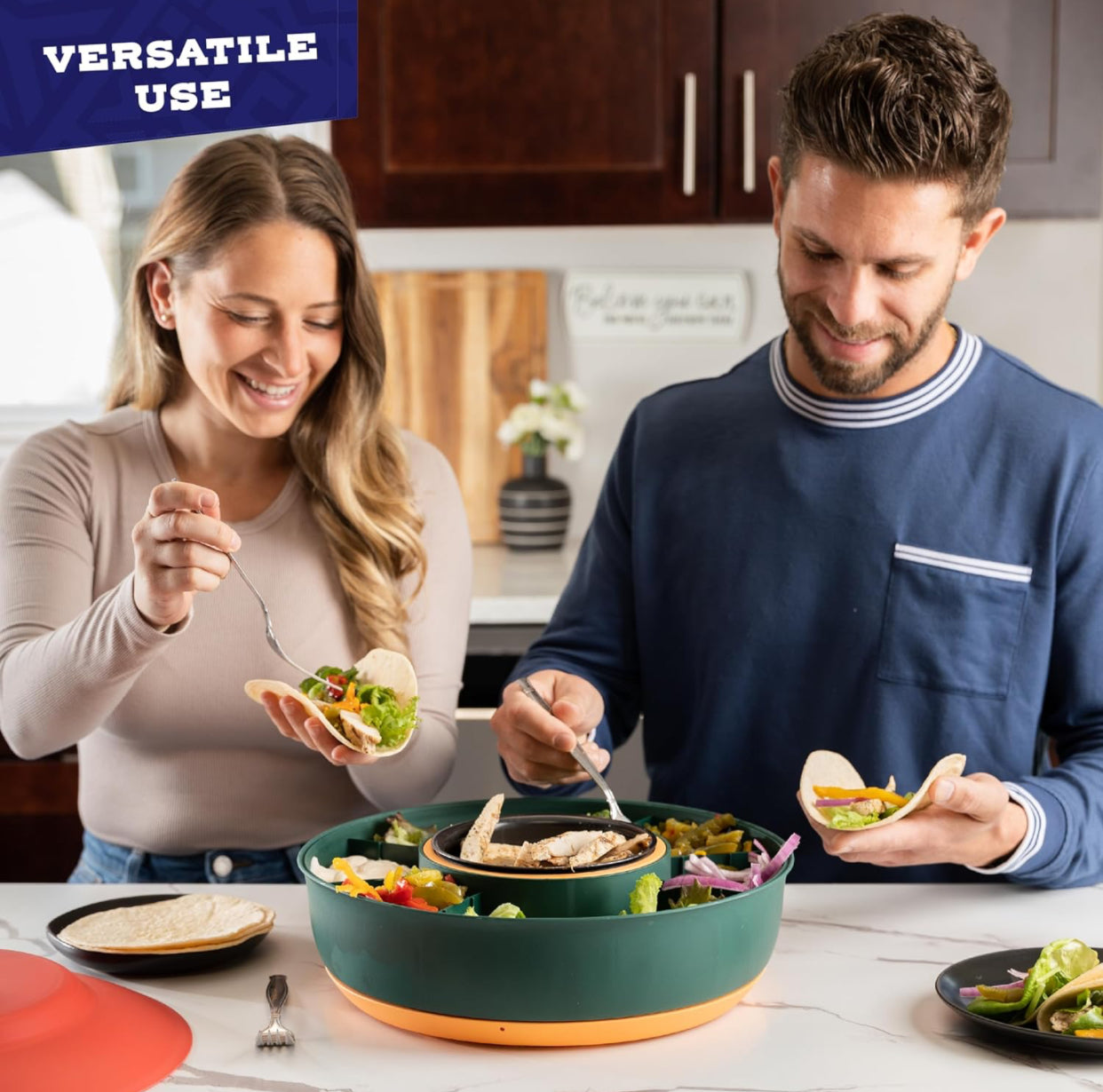 Taco Tuesday Kit - Taco Bar Serving Set for a Party - Heated Pot, 4 Taco Holders, & Detachable Lazy Susan Tray