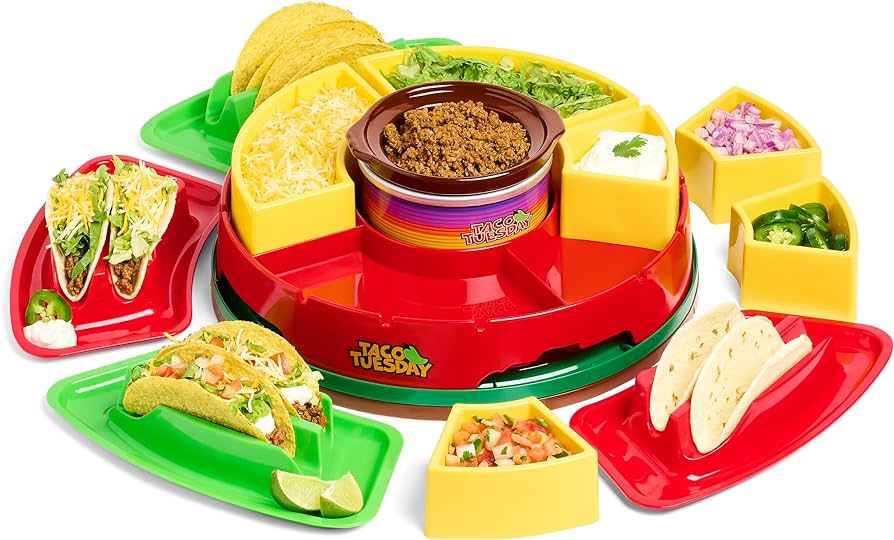 Nostalgia Taco Tuesday Heated Lazy Susan Taco Bar Serving Set for a Party