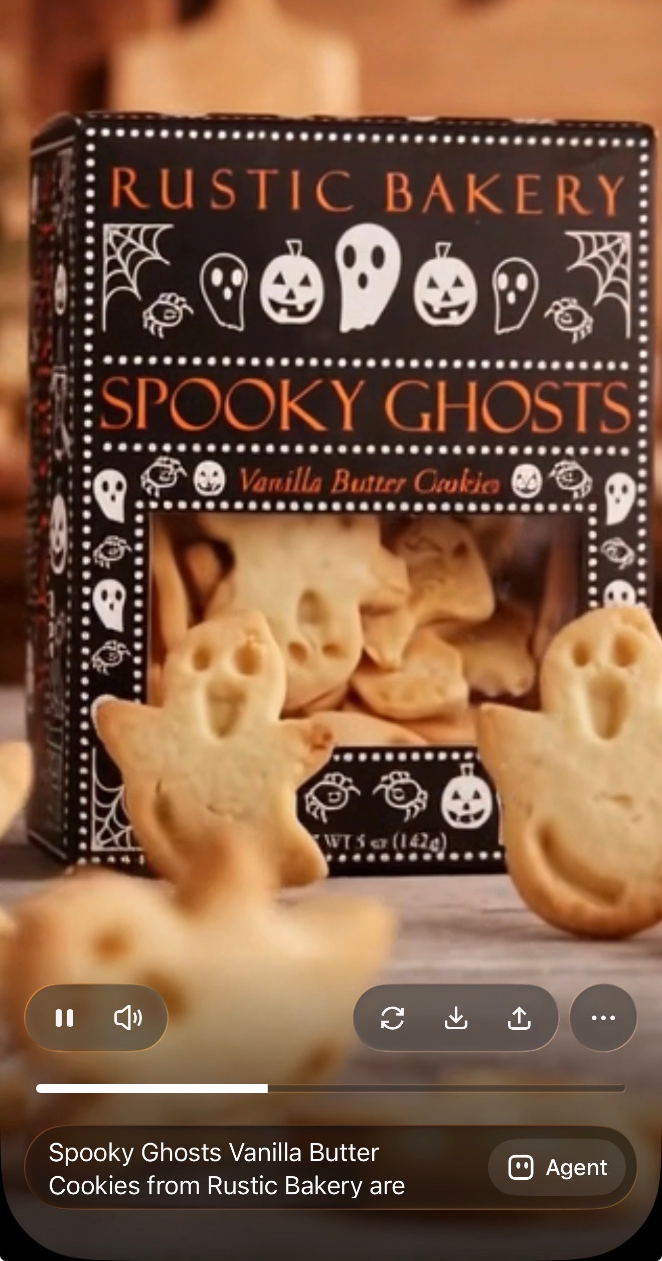 A box of Rustic Bakery Spooky Ghosts vanilla butter cookies displayed with several ghost-shaped cookies in front on a wooden surface.