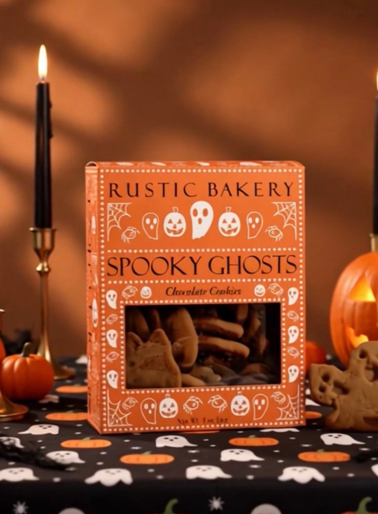 A box of Rustic Bakery Spooky Ghosts chocolate cookies displayed on a Halloween-themed table with candles, pumpkins, and a black tablecloth.