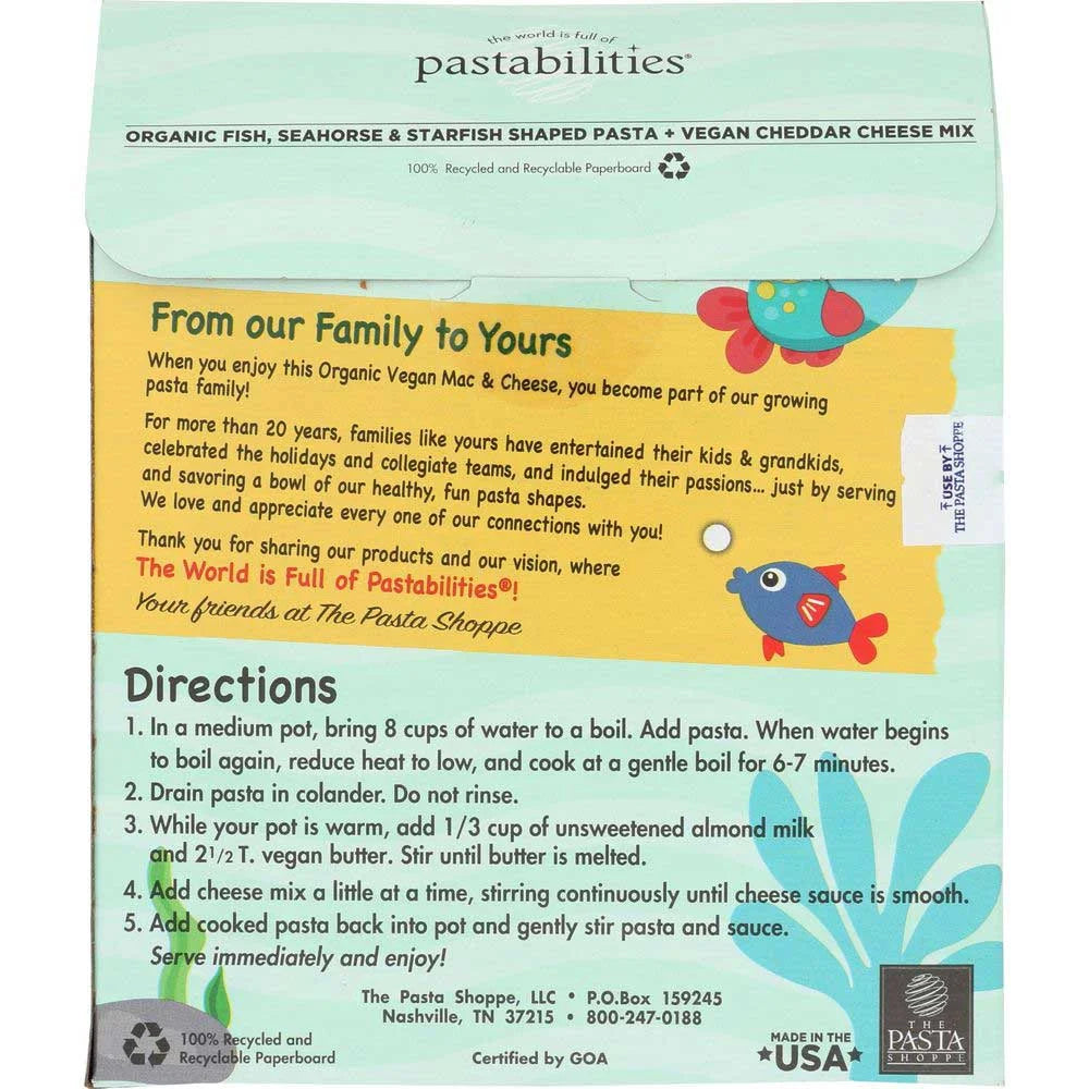 Pastabilities Vegan Mac and Cheese - Under the Sea - Fun Shapes Sea Creatures, Family Size – Serves 4, Certified non GMO Pasta and Cheese Mix - Pack of 6
