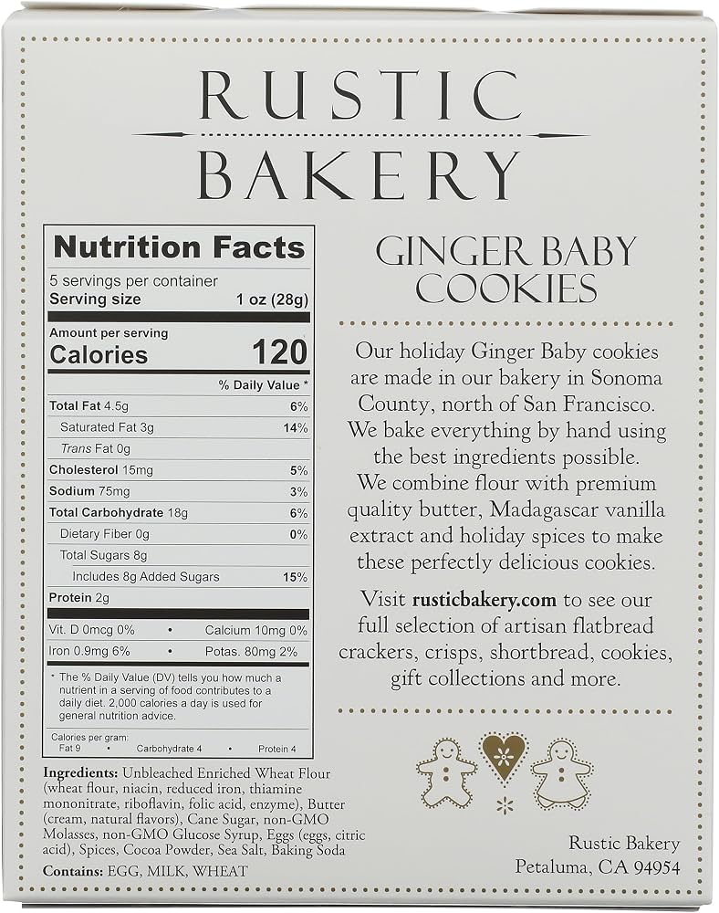 Rustic Bakery ginger cookie label showing nutrition facts, ingredients, and product description on a light gray background.