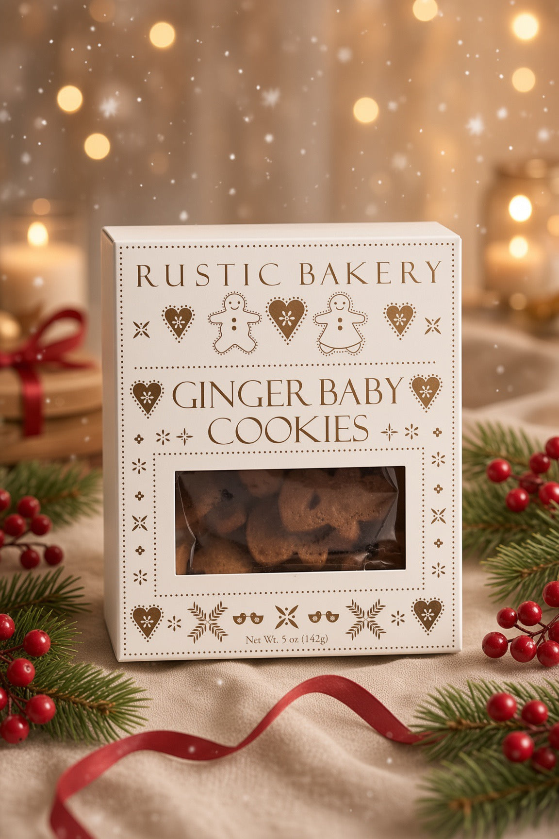 A boxed set of Rustic Bakery Ginger Baby Cookies displayed on a beige fabric surface with holiday greenery, red berries, and warm blurred lights in the background. The white box has gold decorative illustrations and a clear window showing the cookies inside.