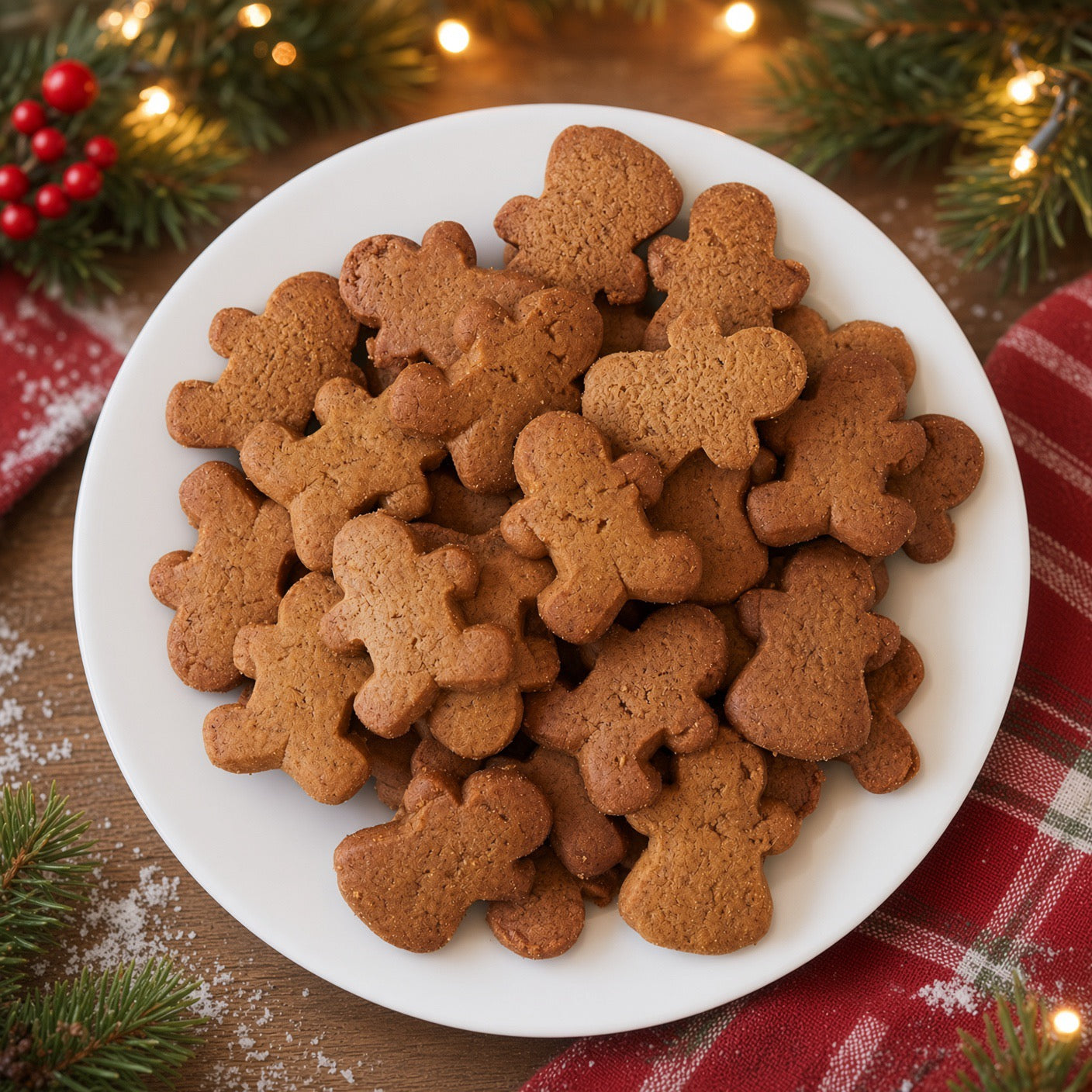 A white plate piled with gingerbread cookie cutouts shaped like gingerbread men, set on a wooden surface with festive holiday decorations including pine branches, red berries, string lights, and a red plaid cloth.