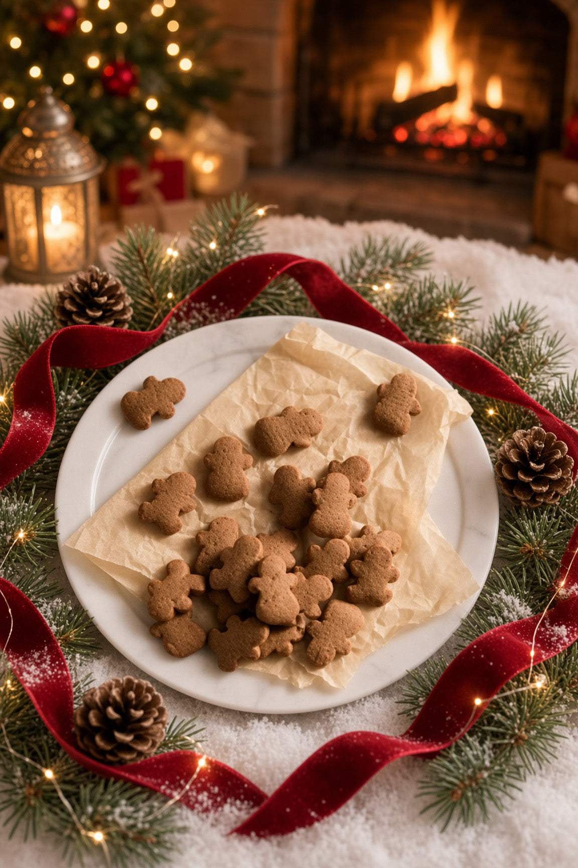 A plate of gingerbread cookies shaped like holiday figures, set on a white tablecloth with a red ribbon, pinecones, evergreen branches, and warm fairy lights, with a blurred Christmas tree and fireplace in the background.