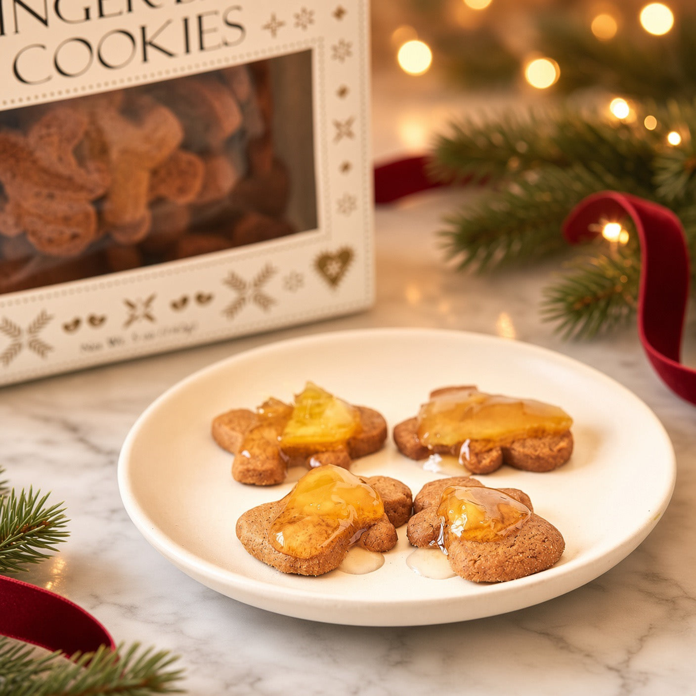 Rustic Bakery Ginger Baby Cookies topped with golden jam preserves on a white ceramic plate, with the gift box and Christmas lights in the background on a marble surface with red ribbon and pine branches.