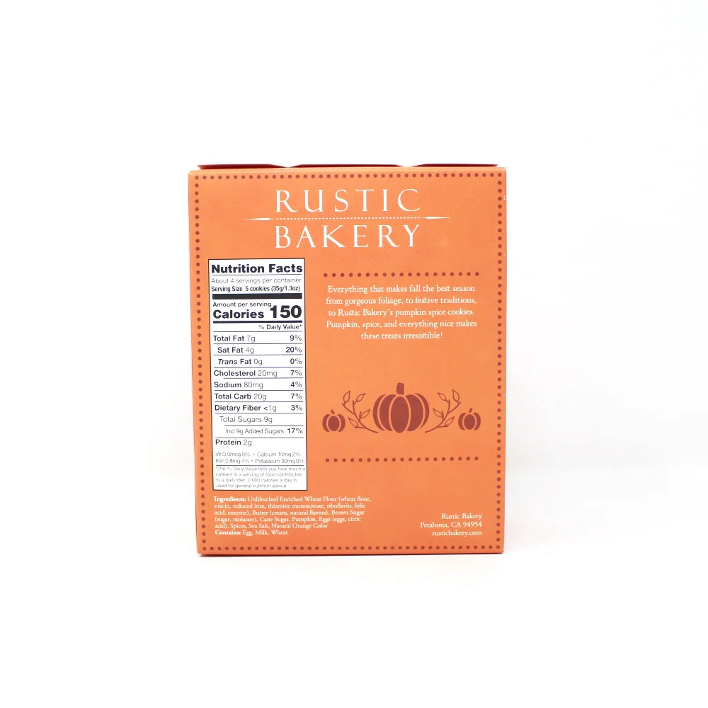 The back of an orange Rustic Bakery box, showing the nutrition facts panel and product description for pumpkin spice cookies, on a white background.