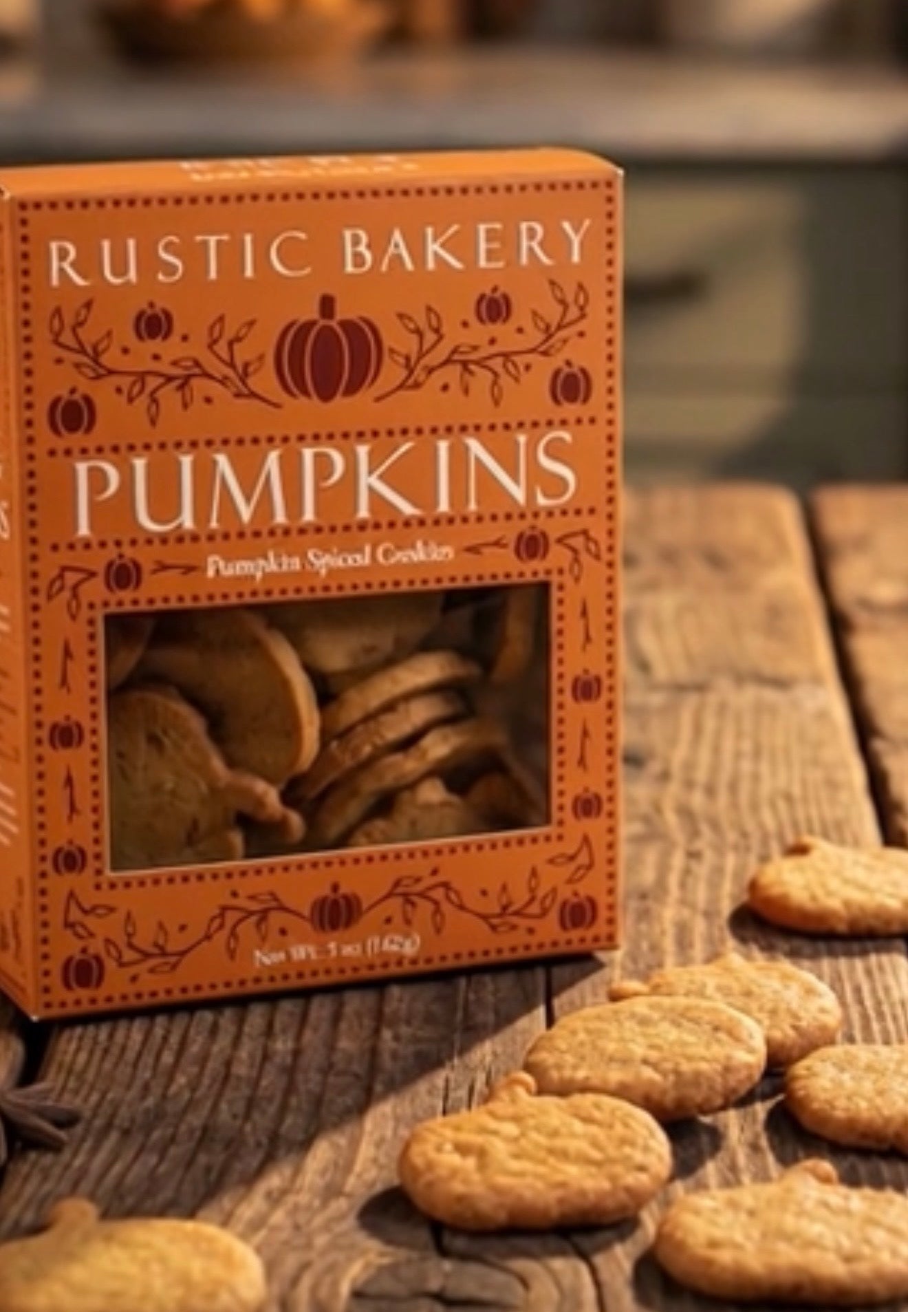 A box of Rustic Bakery Pumpkins (pumpkin spice cookies) displayed on a rustic wooden table with several cookies scattered in the foreground.