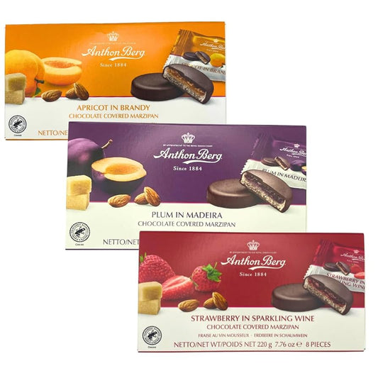 Anthon Berg Chocolate Covered Marzipan, Variety - Plum in Madeira, Apricot in Brandy, Strawberry in Sparkling Wine - Pack of 3