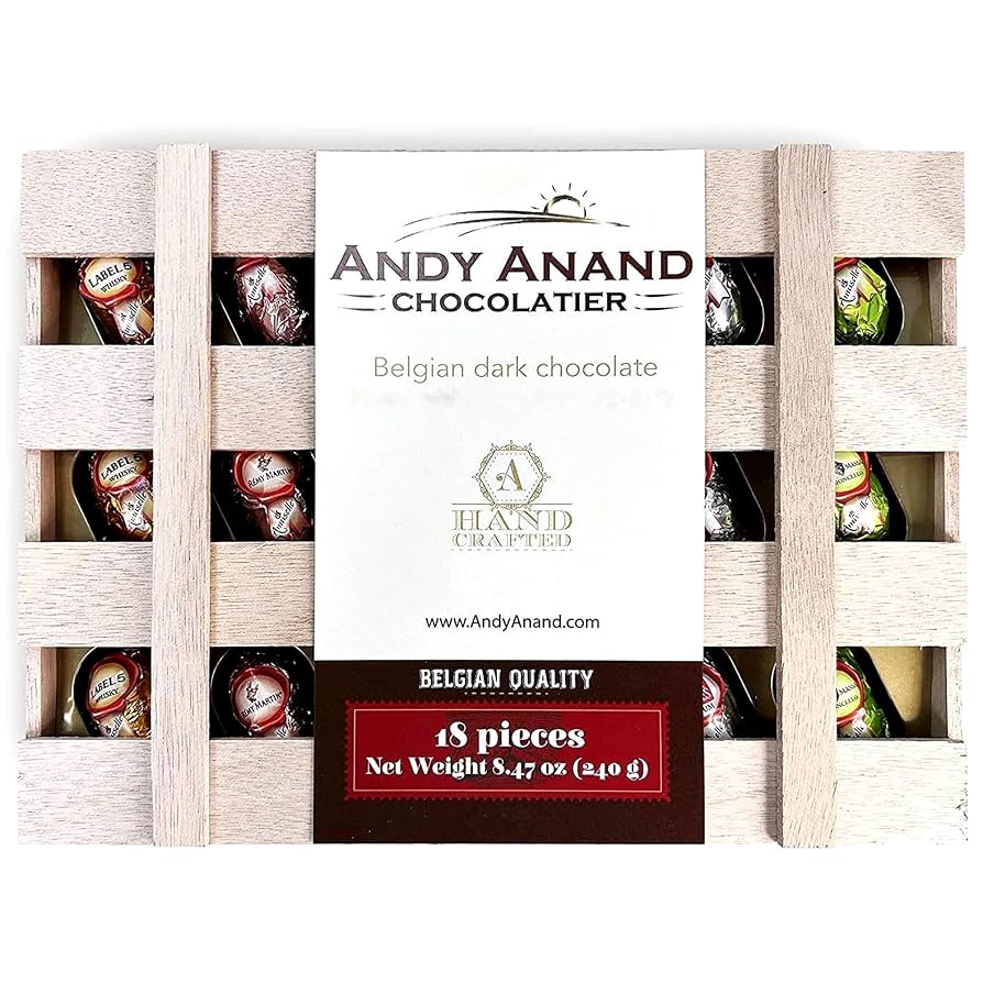 Andy Anand Chocolatier European liqueur Flavored Dark Chocolate Bottles - Filled with Top-Shelf Liquor, Gluten Free Assorted Liquor Flavors, Liqueur Center Filled Chocolate in Wooden Gift Box - 18 Pieces