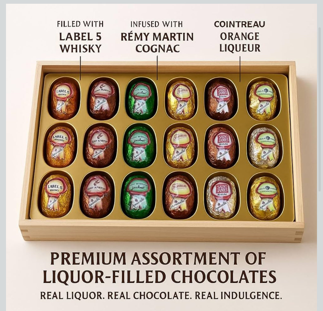 Andy Anand Chocolatier European liqueur Flavored Dark Chocolate Bottles - Filled with Top-Shelf Liquor, Gluten Free Assorted Liquor Flavors, Liqueur Center Filled Chocolate in Wooden Gift Box - 18 Pieces
