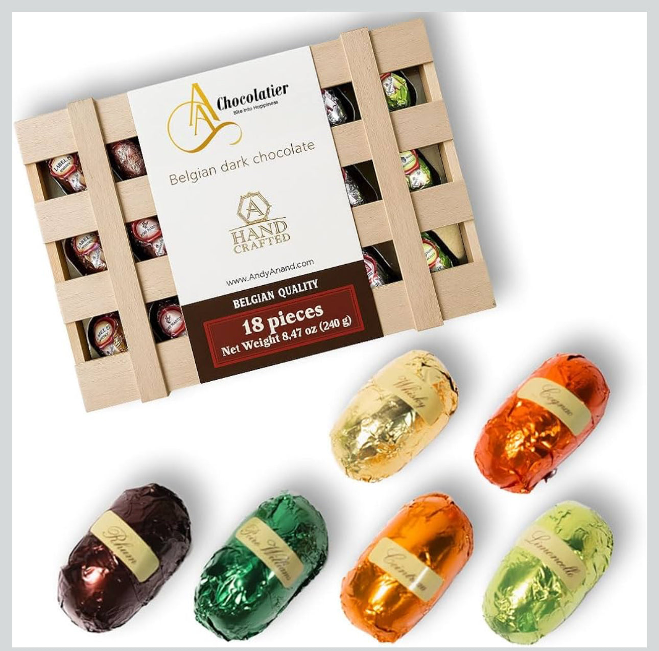 Andy Anand Chocolatier European liqueur Flavored Dark Chocolate Bottles - Filled with Top-Shelf Liquor, Gluten Free Assorted Liquor Flavors, Liqueur Center Filled Chocolate in Wooden Gift Box - 18 Pieces