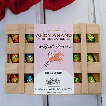 Andy Anand European Cocktail Flavored Vegan Dark Chocolate Bottles, Assortment Of Premium Selection, Mojito, Caribbean Sunset, Limoncello, Gin Tonic, Vodka Redbull - 18 Pieces
