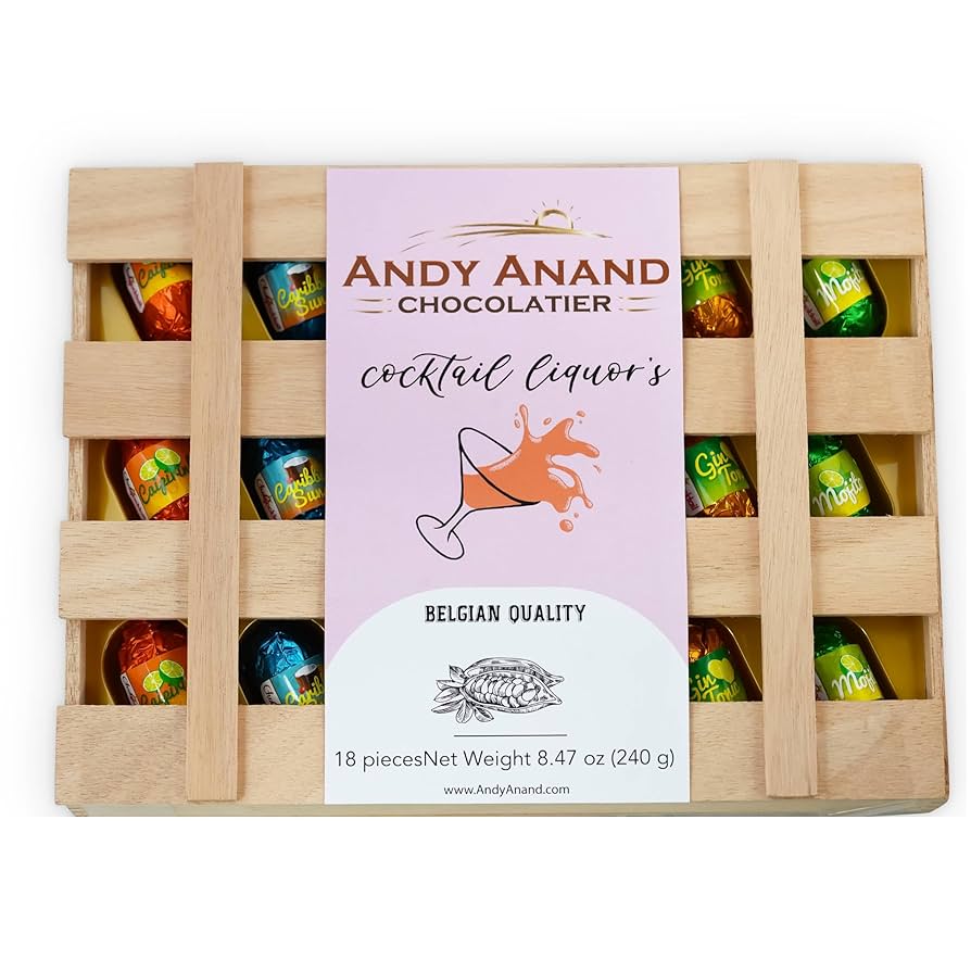 Andy Anand European Cocktail Flavored Vegan Dark Chocolate Bottles, Assortment Of Premium Selection, Mojito, Caribbean Sunset, Limoncello, Gin Tonic, Vodka Redbull - 18 Pieces